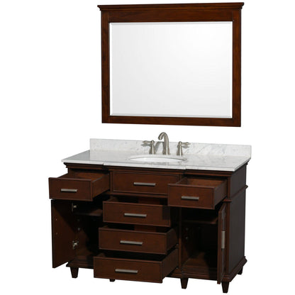 Wyndham Collection Berkeley 48" Single Bathroom Vanity in Dark Chestnut, White Carrara Marble Top, White Undermount Oval Sink and 44" Mirror