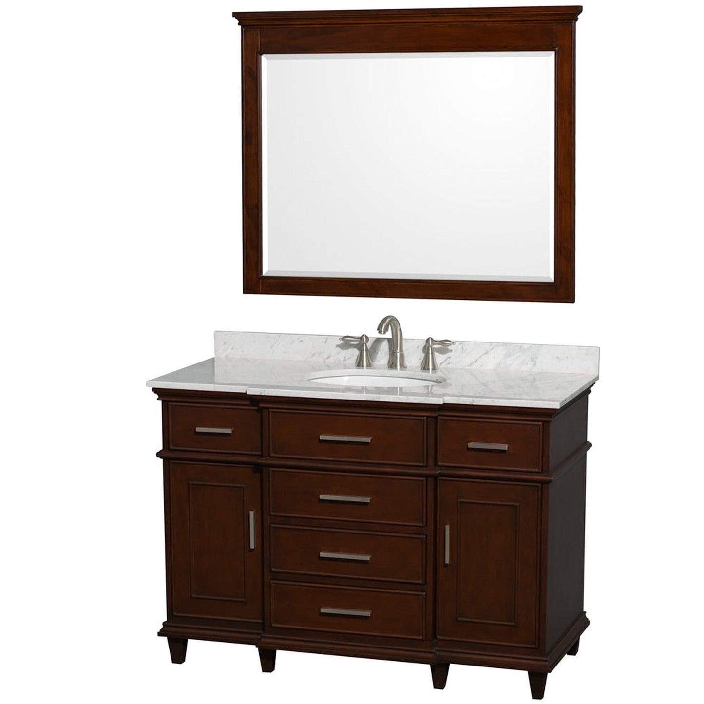 Wyndham Collection Berkeley 48" Single Bathroom Vanity in Dark Chestnut, White Carrara Marble Top, White Undermount Oval Sink and 44" Mirror