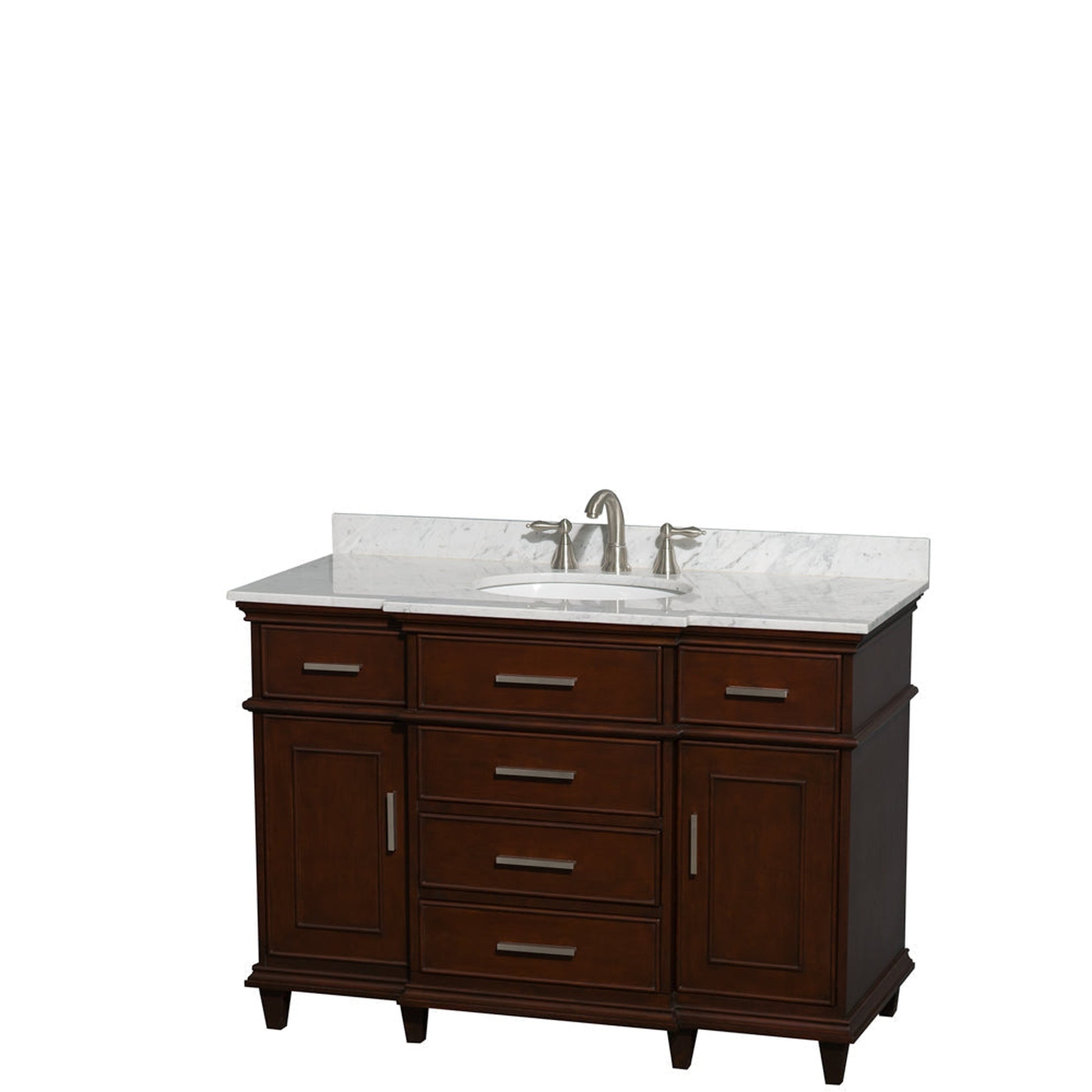 Wyndham Collection Berkeley 48" Single Bathroom Vanity in Dark Chestnut, White Carrara Marble Top, White Undermount Oval Sink and No Mirror