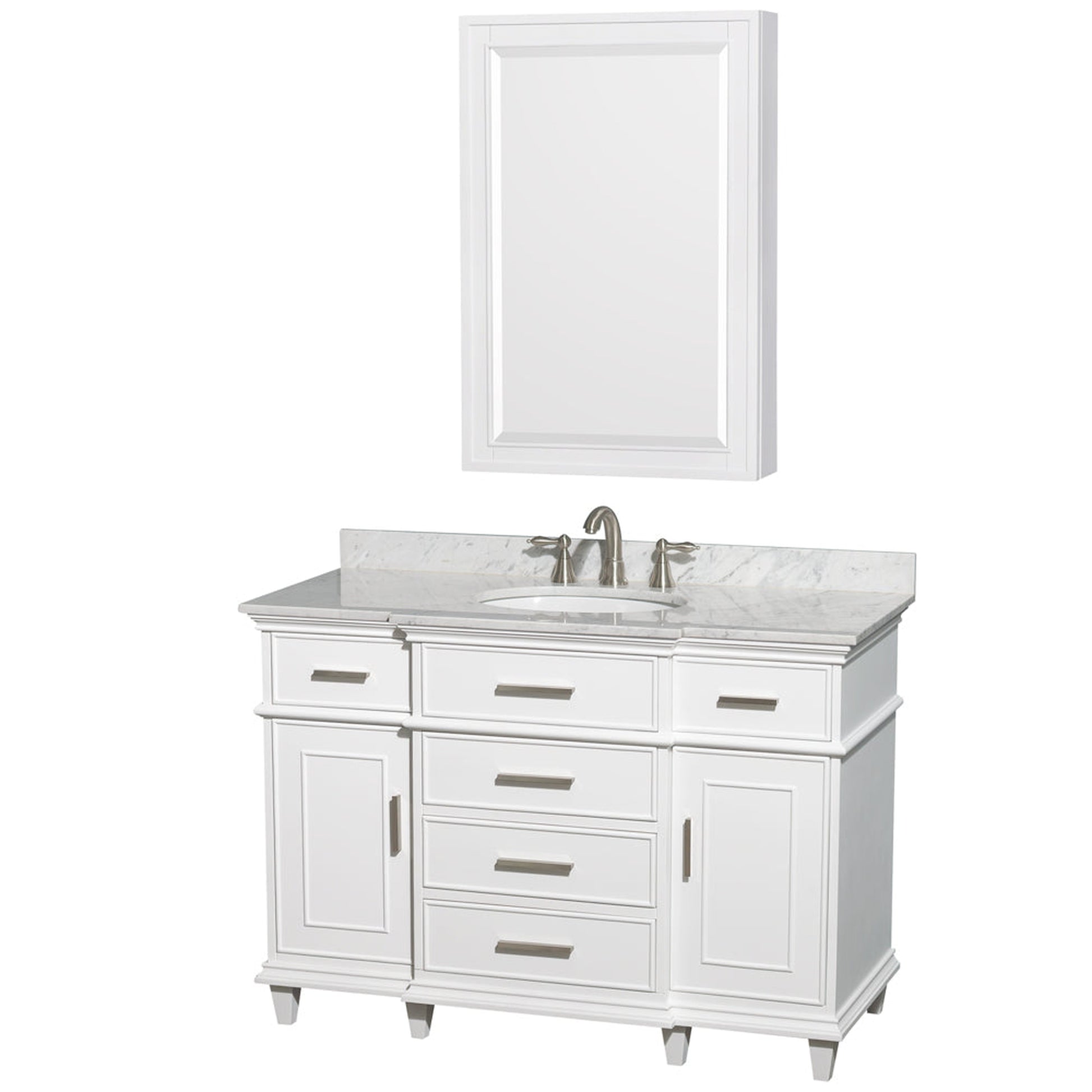 Wyndham Collection Berkeley 48" Single Bathroom Vanity in White, White Carrara Marble Countertop, Undermount Round Sink, 24" Medicine Cabinet