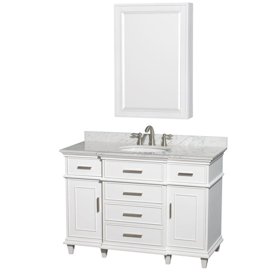 Wyndham Collection Berkeley 48" Single Bathroom Vanity in White, White Carrara Marble Countertop, Undermount Round Sink, 24" Medicine Cabinet