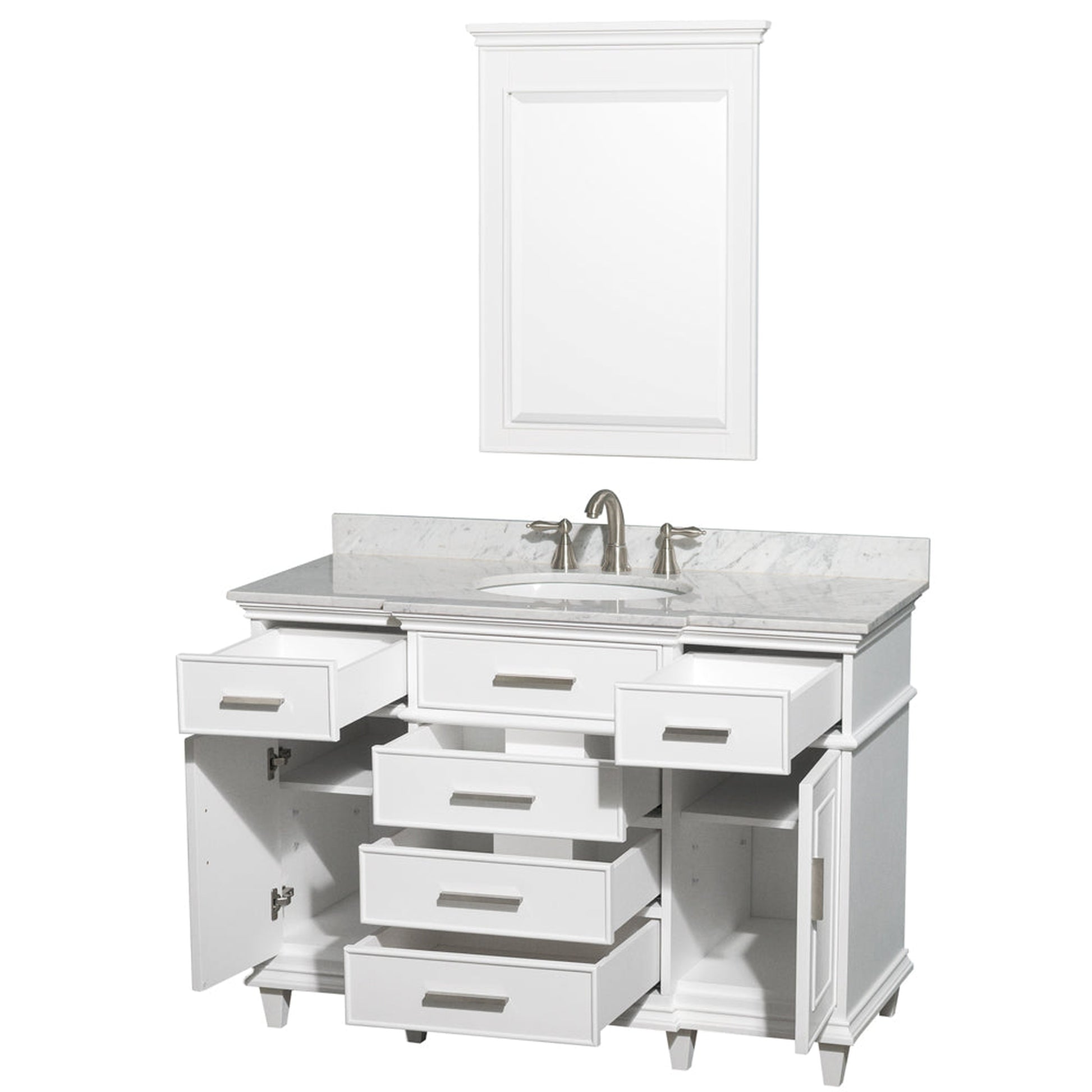 Wyndham Collection Berkeley 48" Single Bathroom Vanity in White, White Carrara Marble Top, White Undermount Oval Sink and 24" Mirror