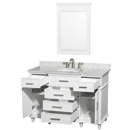 Wyndham Collection Berkeley 48" Single Bathroom Vanity in White, White Carrara Marble Top, White Undermount Oval Sink and 24" Mirror
