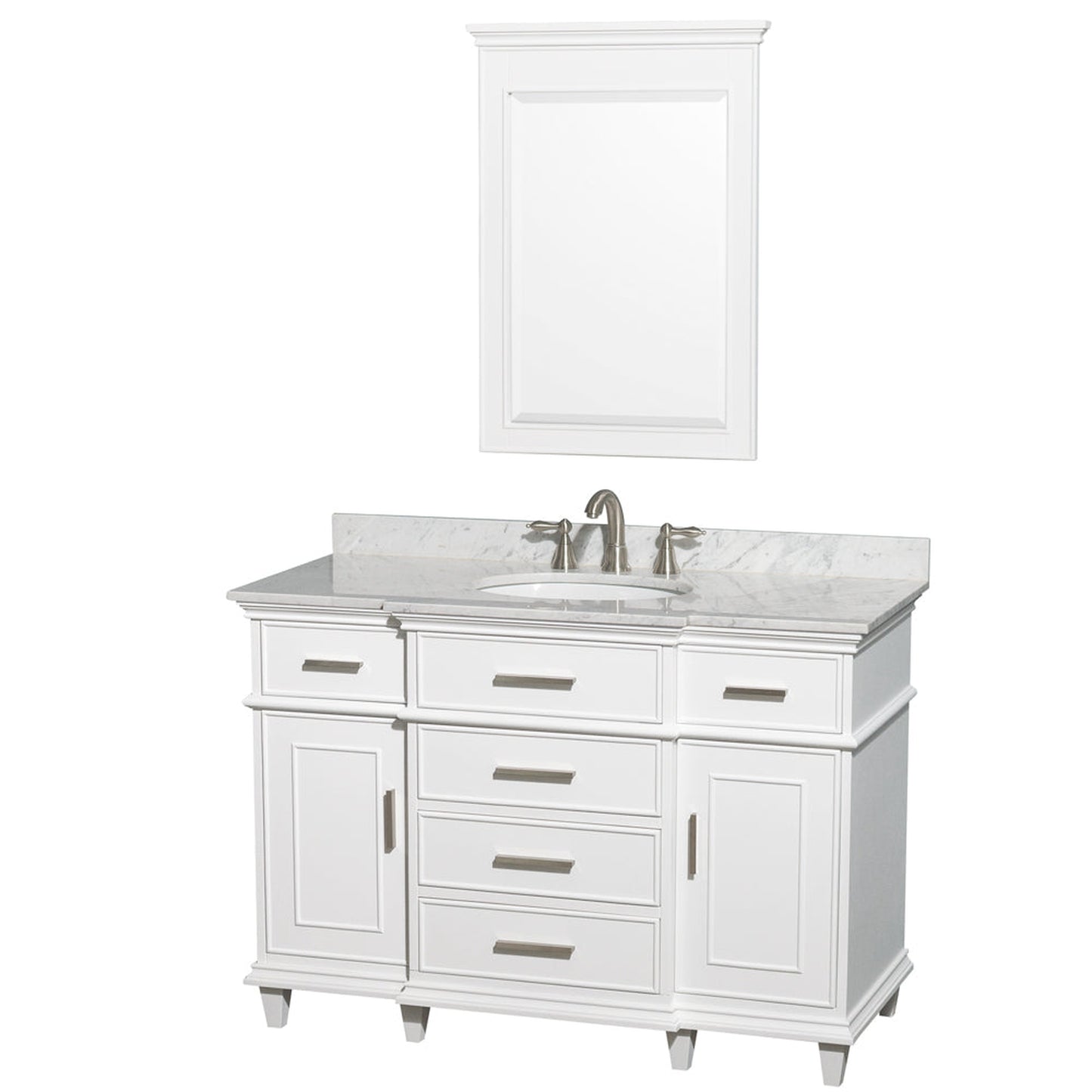 Wyndham Collection Berkeley 48" Single Bathroom Vanity in White, White Carrara Marble Top, White Undermount Oval Sink and 24" Mirror