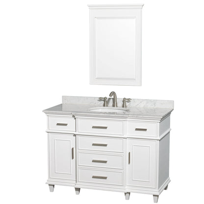 Wyndham Collection Berkeley 48" Single Bathroom Vanity in White, White Carrara Marble Top, White Undermount Oval Sink and 24" Mirror