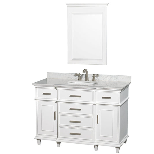 Wyndham Collection Berkeley 48" Single Bathroom Vanity in White, White Carrara Marble Top, White Undermount Oval Sink and 24" Mirror