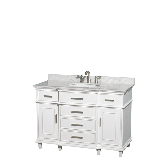Wyndham Collection Berkeley 48" Single Bathroom Vanity in White, White Carrara Marble Top, White Undermount Oval Sink and No Mirror