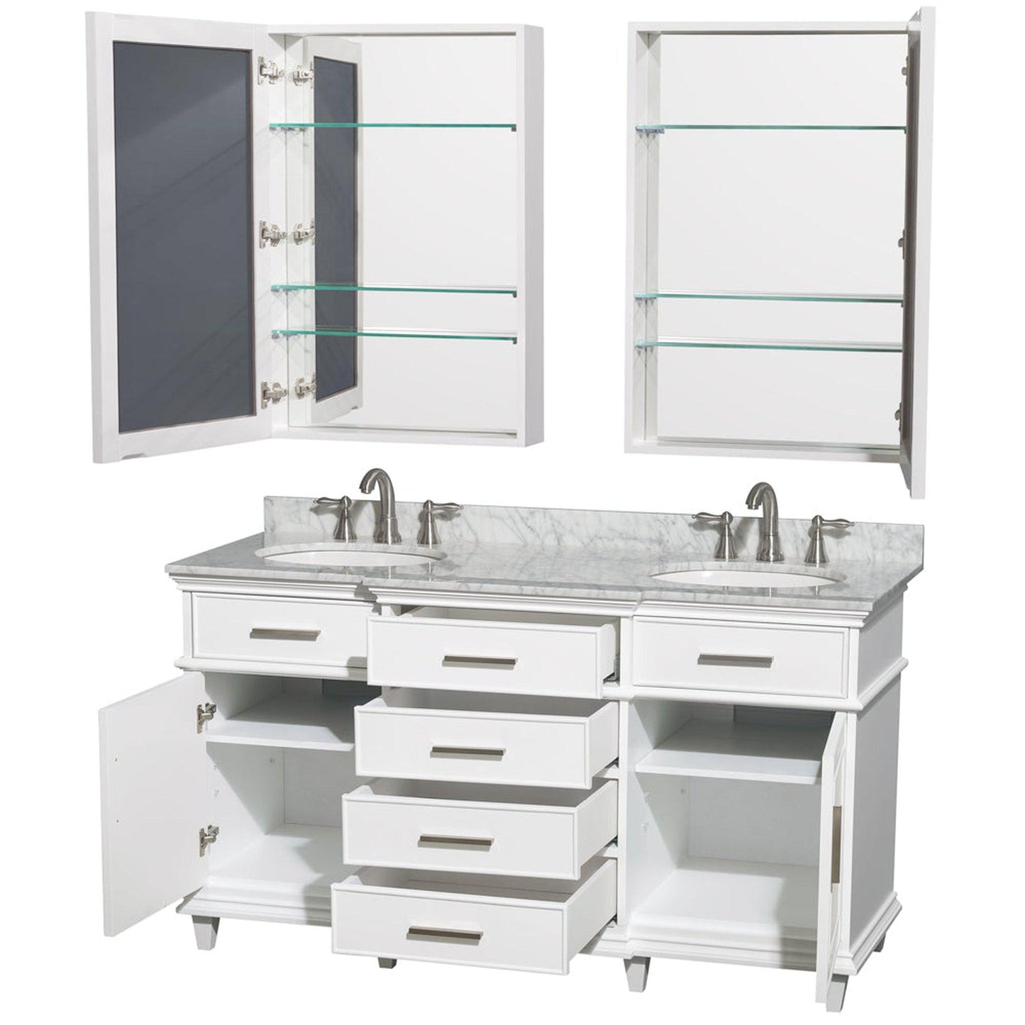 Wyndham Collection Berkeley 60" Double Bathroom Vanity in White, White Carrara Marble Countertop, Undermount Round Sink, 24" Medicine Cabinet