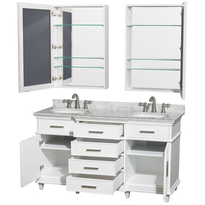 Wyndham Collection Berkeley 60" Double Bathroom Vanity in White, White Carrara Marble Countertop, Undermount Round Sink, 24" Medicine Cabinet