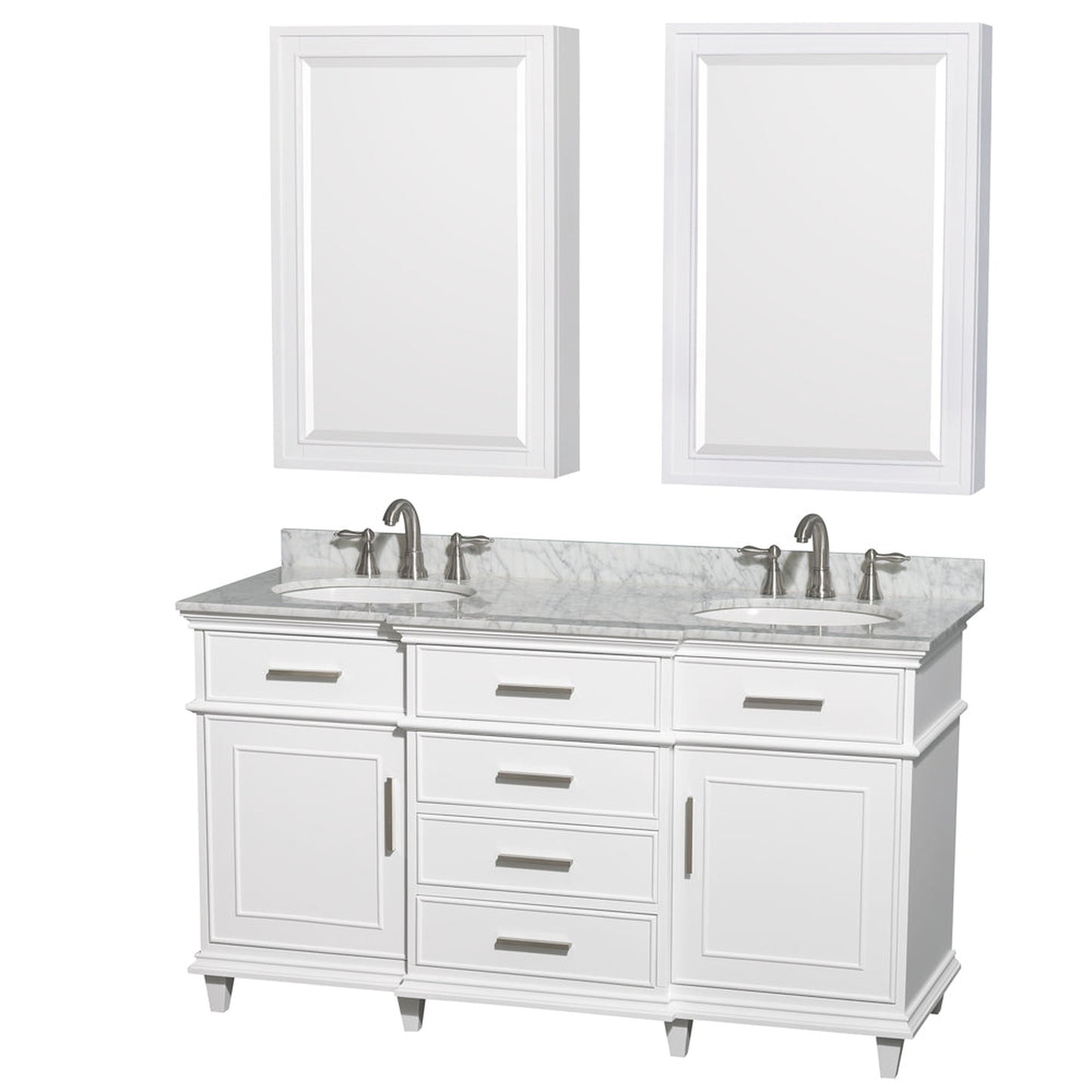 Wyndham Collection Berkeley 60" Double Bathroom Vanity in White, White Carrara Marble Countertop, Undermount Round Sink, 24" Medicine Cabinet