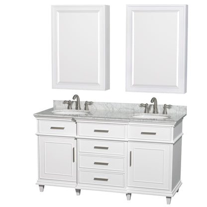Wyndham Collection Berkeley 60" Double Bathroom Vanity in White, White Carrara Marble Countertop, Undermount Round Sink, 24" Medicine Cabinet