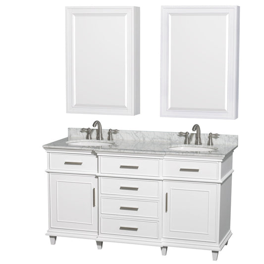 Wyndham Collection Berkeley 60" Double Bathroom Vanity in White, White Carrara Marble Countertop, Undermount Round Sink, 24" Medicine Cabinet