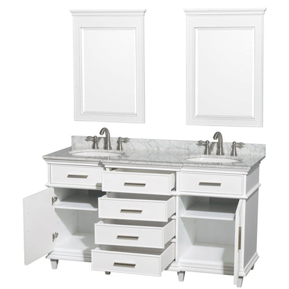 Wyndham Collection Berkeley 60" Double Bathroom Vanity in White, White Carrara Marble Top, White Undermount Oval Sink and 24" Mirror