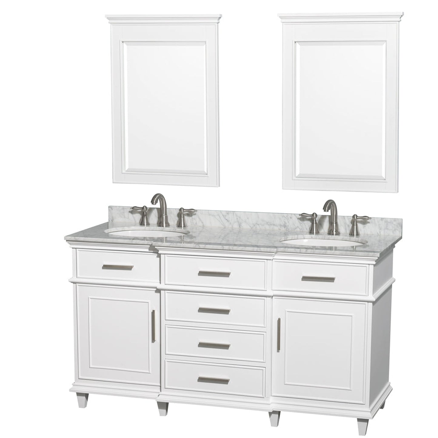 Wyndham Collection Berkeley 60" Double Bathroom Vanity in White, White Carrara Marble Top, White Undermount Oval Sink and 24" Mirror