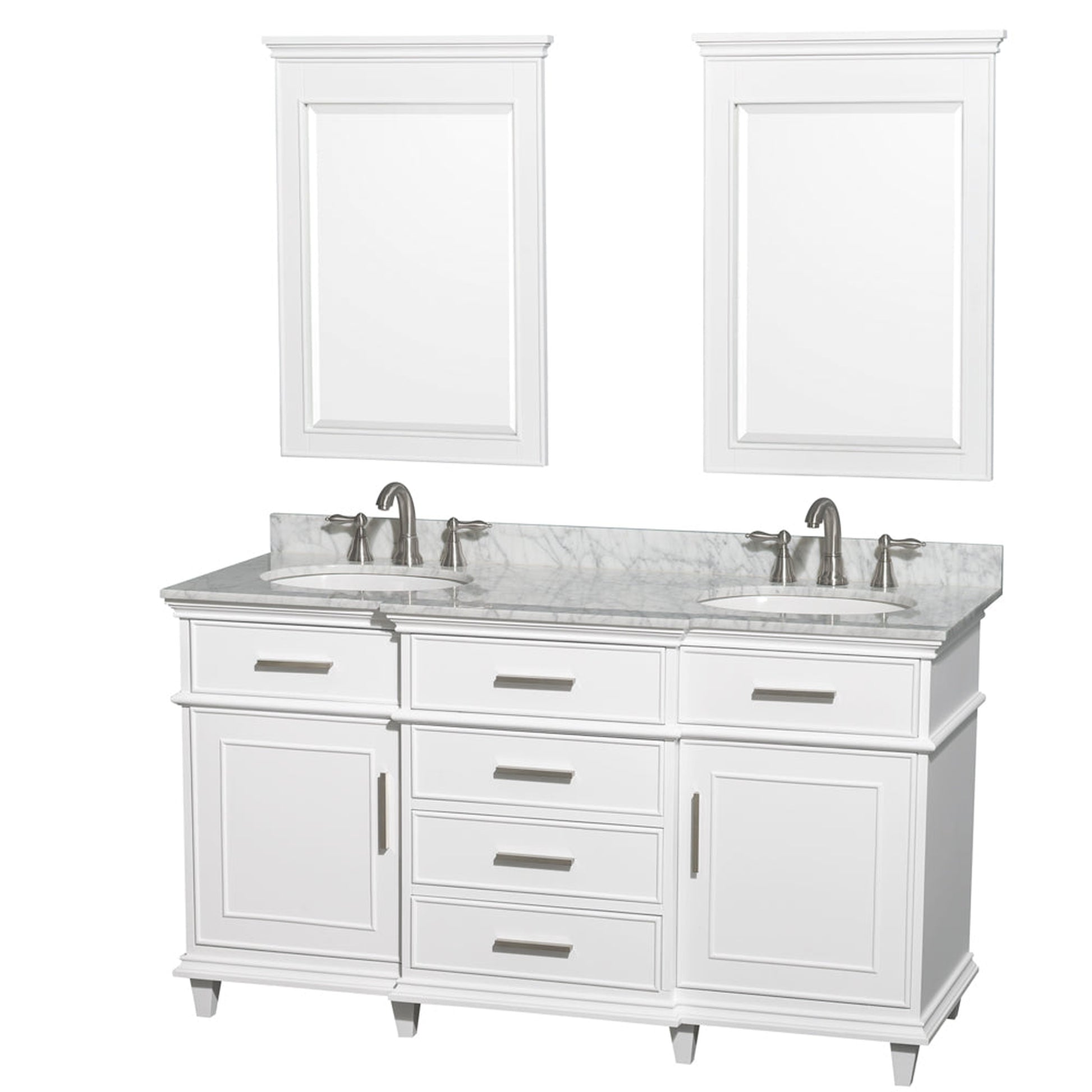Wyndham Collection Berkeley 60" Double Bathroom Vanity in White, White Carrara Marble Top, White Undermount Oval Sink and 24" Mirror