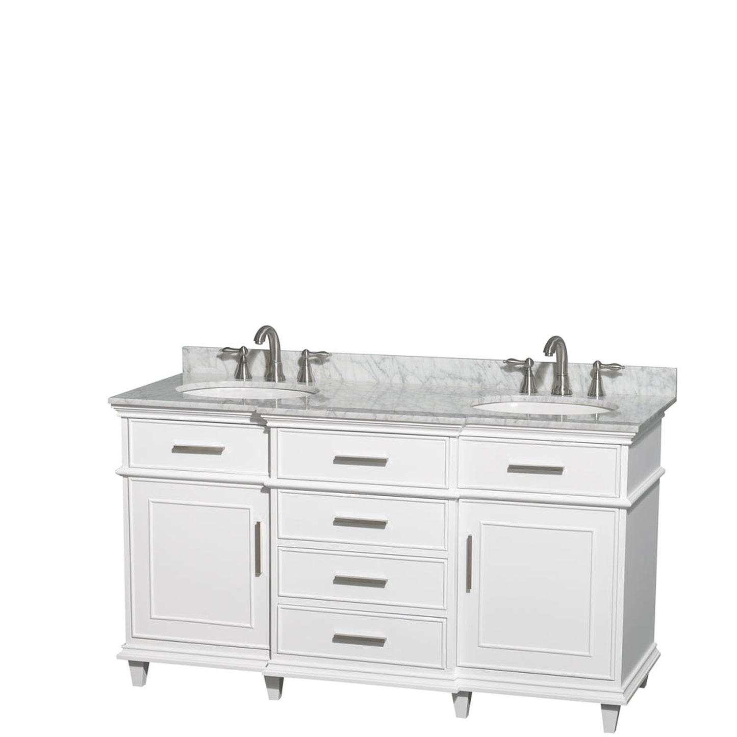 Wyndham Collection Berkeley 60" Double Bathroom Vanity in White, White Carrara Marble Top, White Undermount Oval Sink and No Mirror