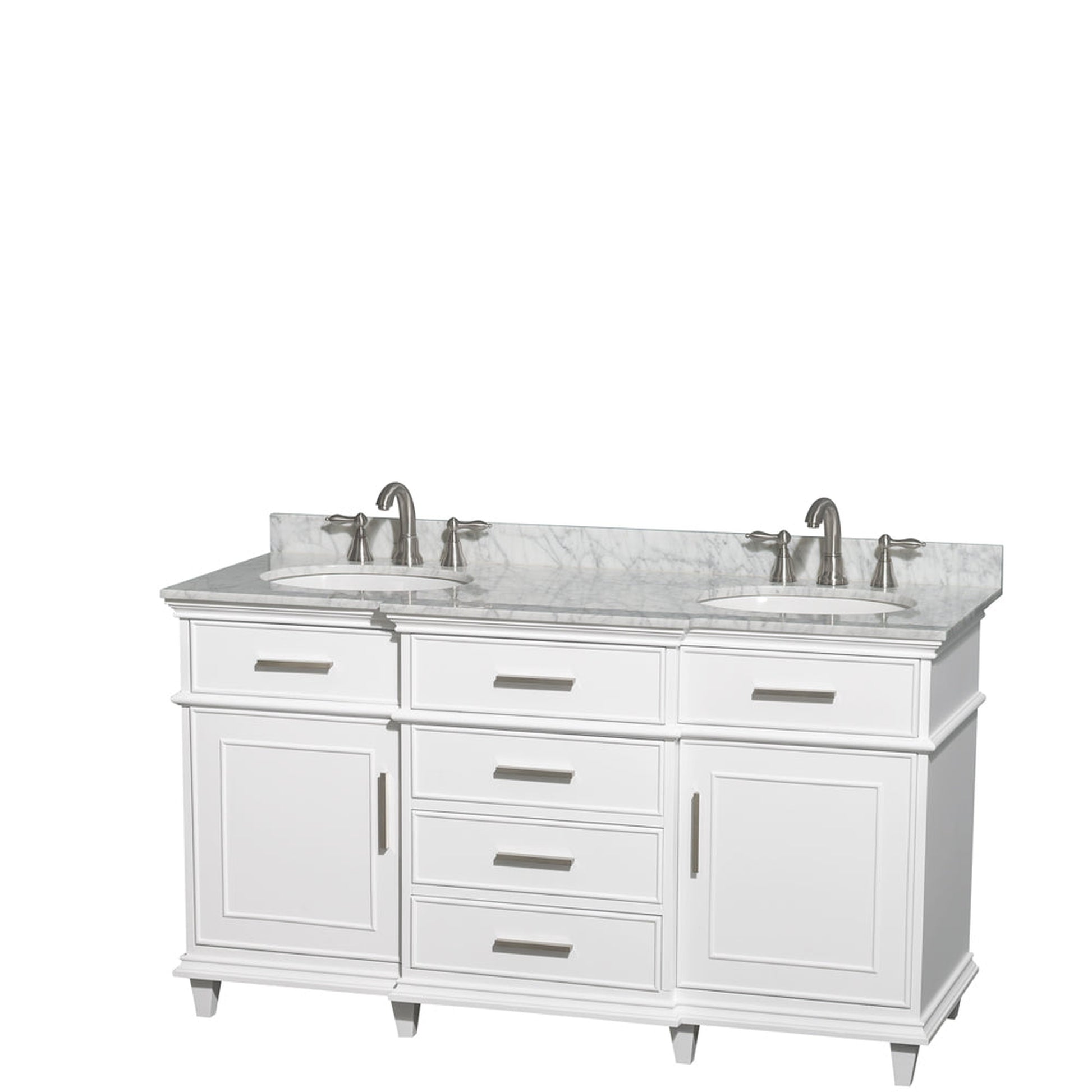 Wyndham Collection Berkeley 60" Double Bathroom Vanity in White, White Carrara Marble Top, White Undermount Oval Sink and No Mirror