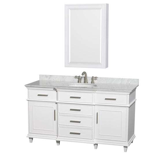 Wyndham Collection Berkeley 60" Single Bathroom Vanity in White, White Carrara Marble Countertop, Undermount Round Sink, 24" Medicine Cabinet