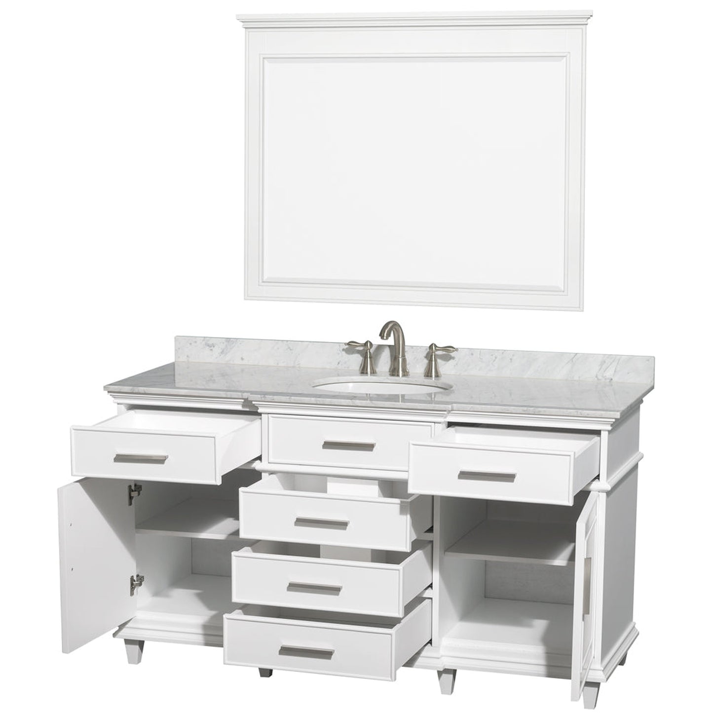 Wyndham Collection Berkeley 60" Single Bathroom Vanity in White, White Carrara Marble Top, White Undermount Oval Sink and 44" Mirror