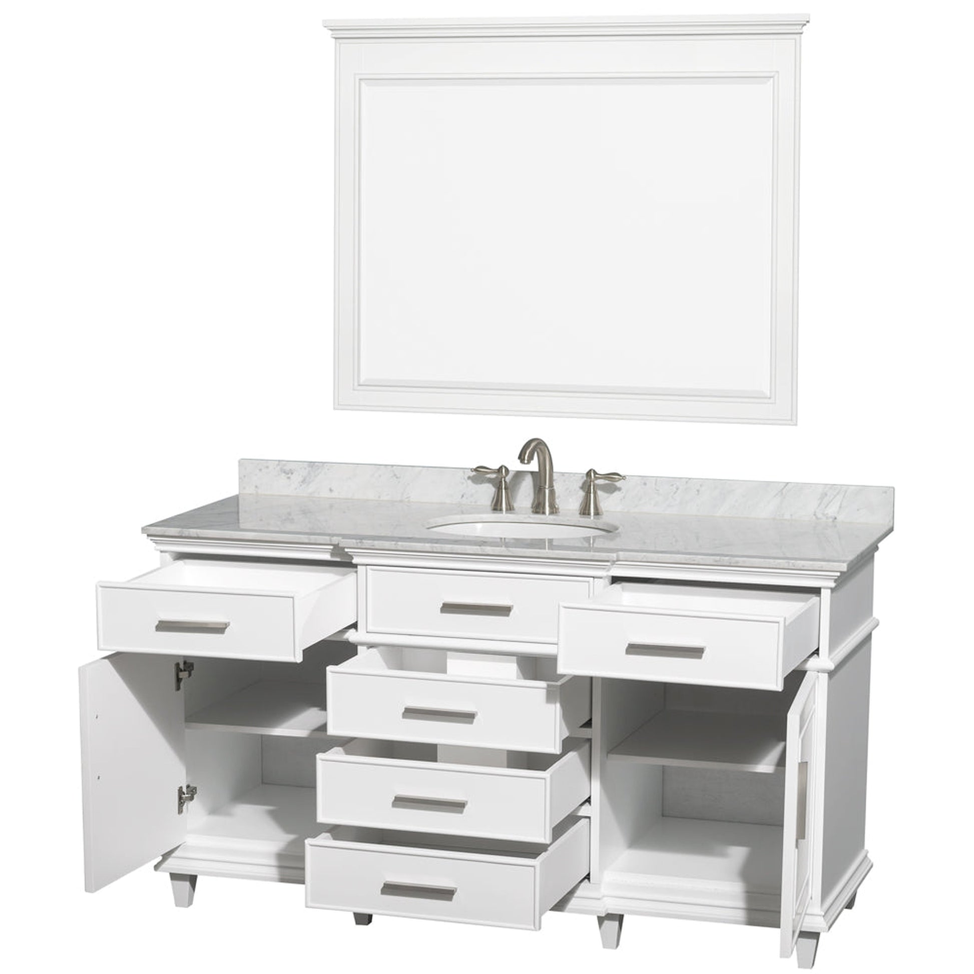 Wyndham Collection Berkeley 60" Single Bathroom Vanity in White, White Carrara Marble Top, White Undermount Oval Sink and 44" Mirror