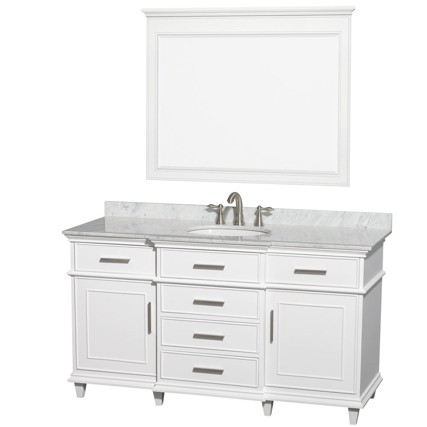 Wyndham Collection Berkeley 60" Single Bathroom Vanity in White, White Carrara Marble Top, White Undermount Oval Sink and 44" Mirror