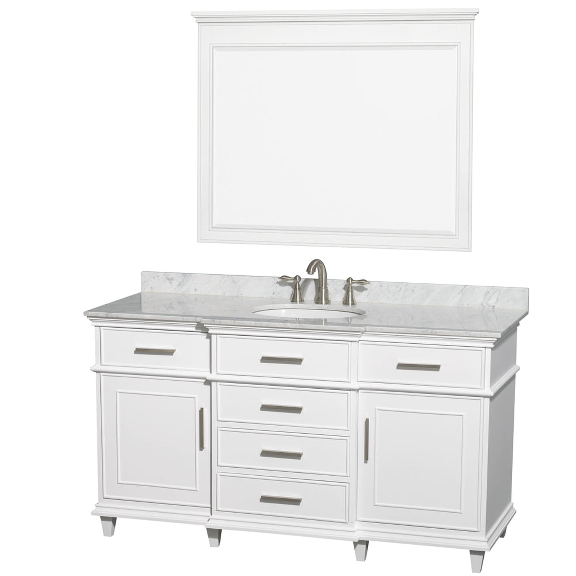 Wyndham Collection Berkeley 60" Single Bathroom Vanity in White, White Carrara Marble Top, White Undermount Oval Sink and 44" Mirror