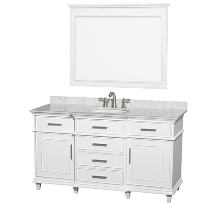 Wyndham Collection Berkeley 60" Single Bathroom Vanity in White, White Carrara Marble Top, White Undermount Oval Sink and 44" Mirror