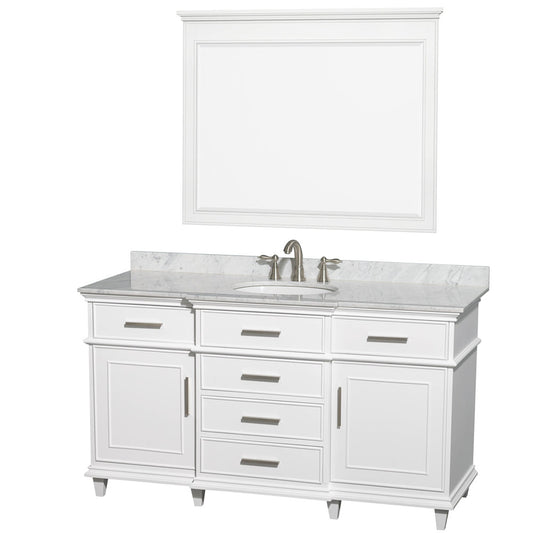 Wyndham Collection Berkeley 60" Single Bathroom Vanity in White, White Carrara Marble Top, White Undermount Oval Sink and 44" Mirror