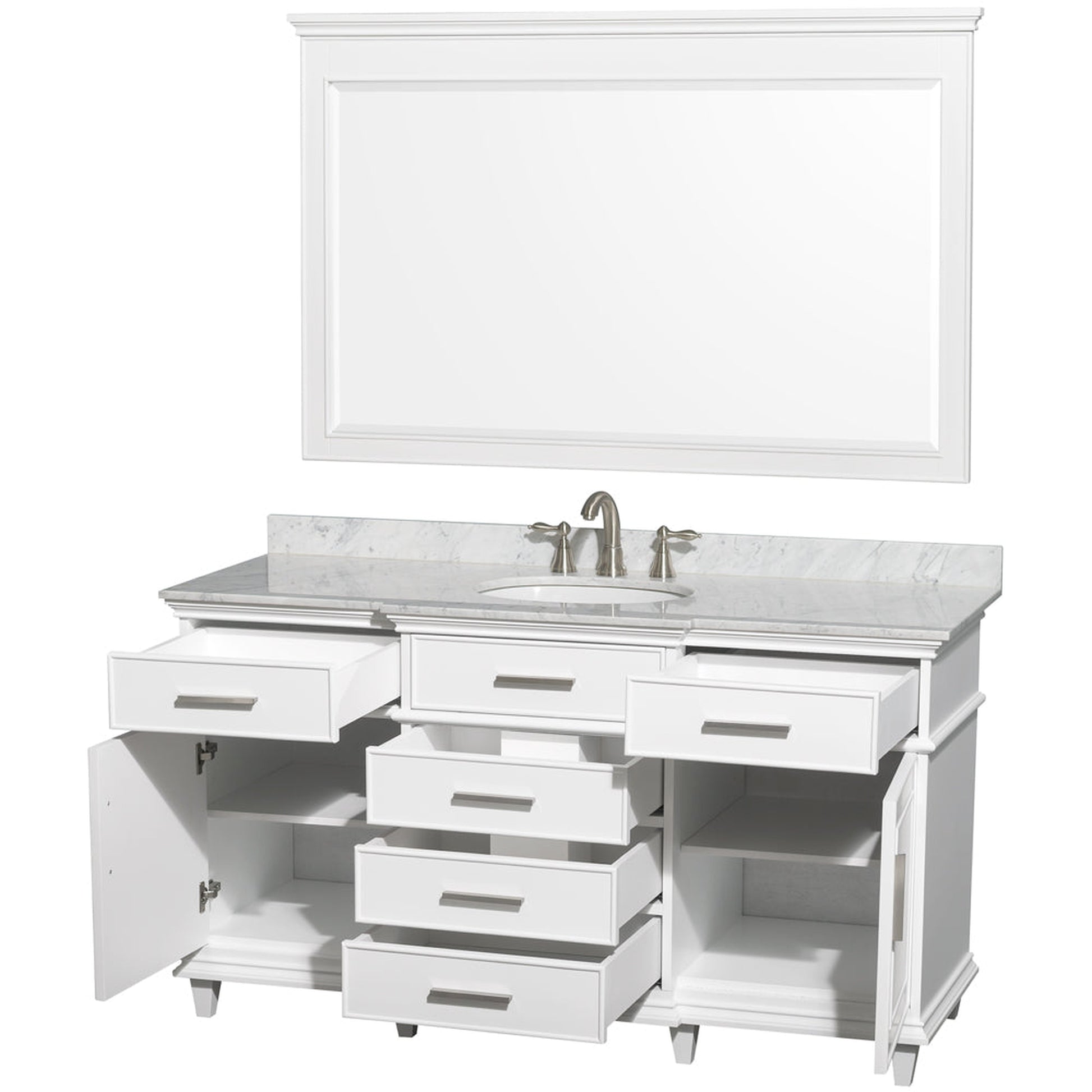 Wyndham Collection Berkeley 60" Single Bathroom Vanity in White, White Carrara Marble Top, White Undermount Oval Sink and 56" Mirror
