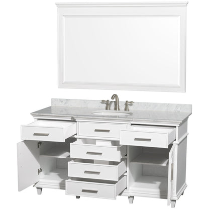 Wyndham Collection Berkeley 60" Single Bathroom Vanity in White, White Carrara Marble Top, White Undermount Oval Sink and 56" Mirror
