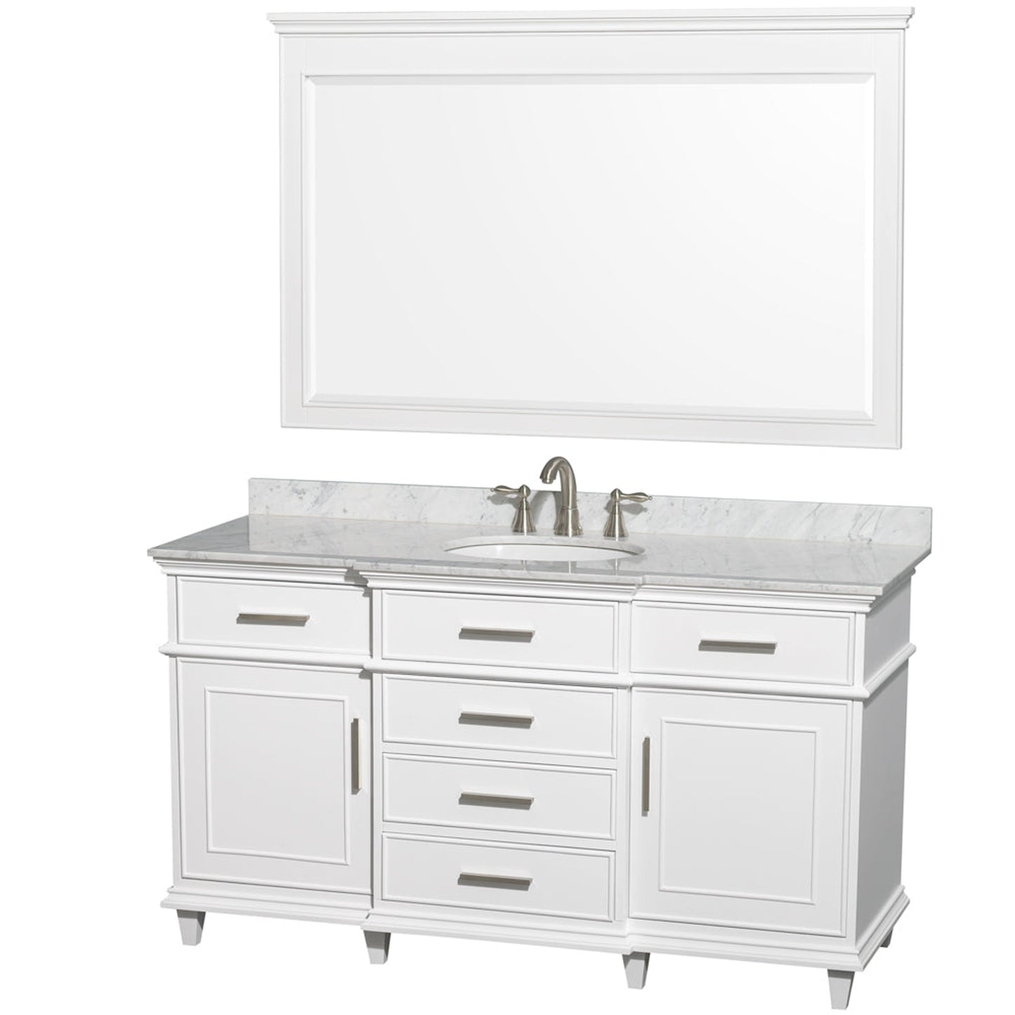 Wyndham Collection Berkeley 60" Single Bathroom Vanity in White, White Carrara Marble Top, White Undermount Oval Sink and 56" Mirror