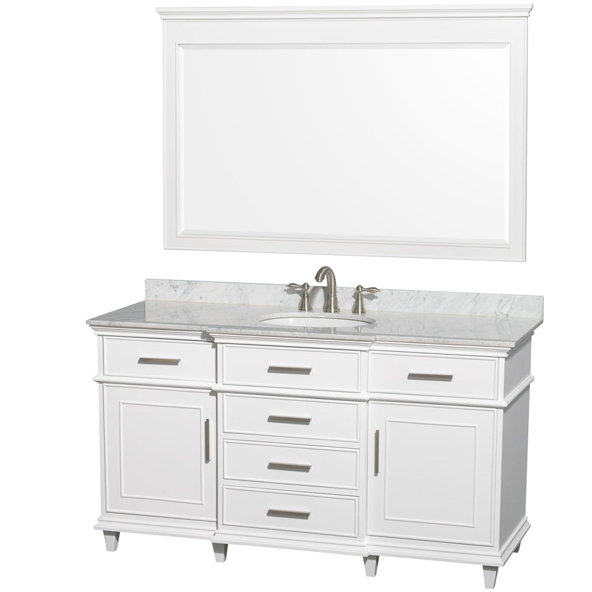 Wyndham Collection Berkeley 60" Single Bathroom Vanity in White, White Carrara Marble Top, White Undermount Oval Sink and 56" Mirror