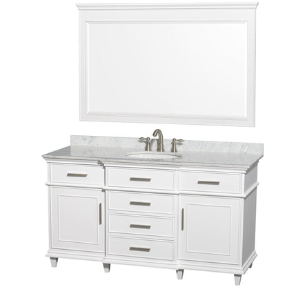 Wyndham Collection Berkeley 60" Single Bathroom Vanity in White, White Carrara Marble Top, White Undermount Oval Sink and 56" Mirror