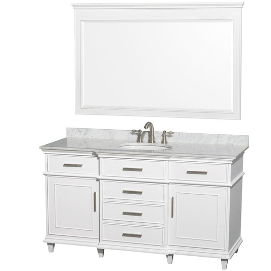 Wyndham Collection Berkeley 60" Single Bathroom Vanity in White, White Carrara Marble Top, White Undermount Oval Sink and 56" Mirror