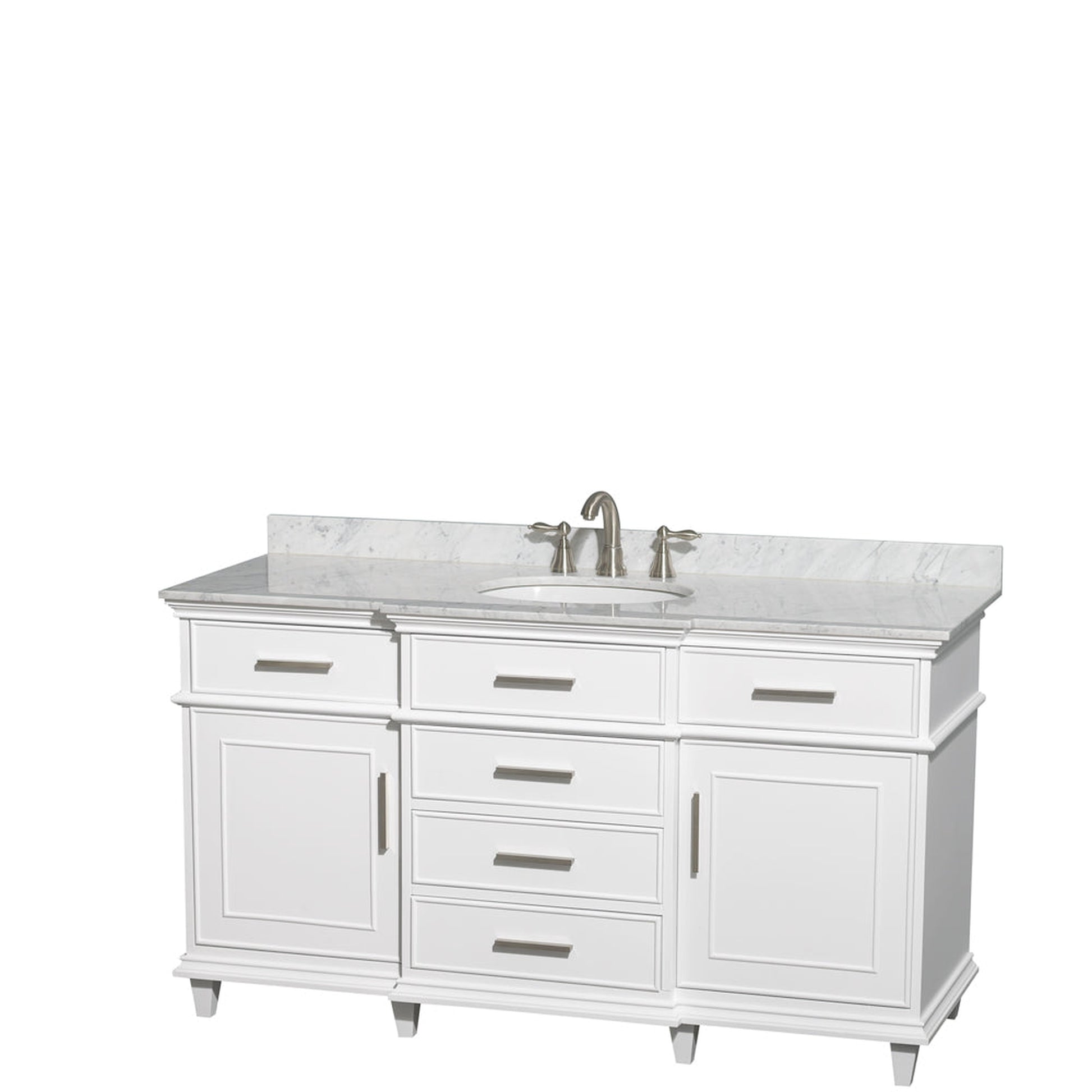 Wyndham Collection Berkeley 60" Single Bathroom Vanity in White, White Carrara Marble Top, White Undermount Oval Sink and No Mirror