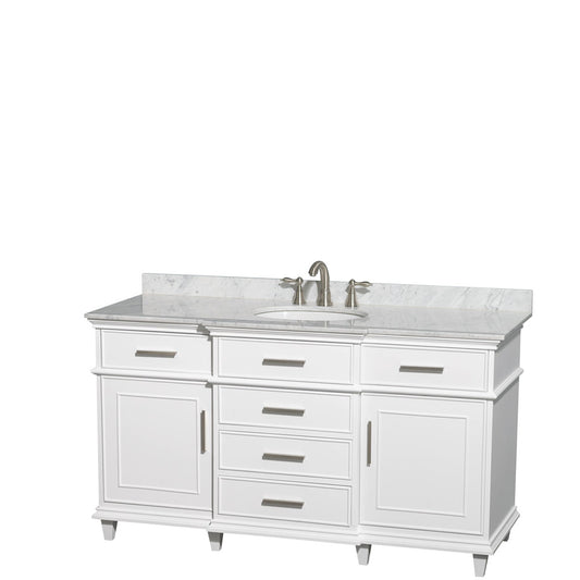 Wyndham Collection Berkeley 60" Single Bathroom Vanity in White, White Carrara Marble Top, White Undermount Oval Sink and No Mirror