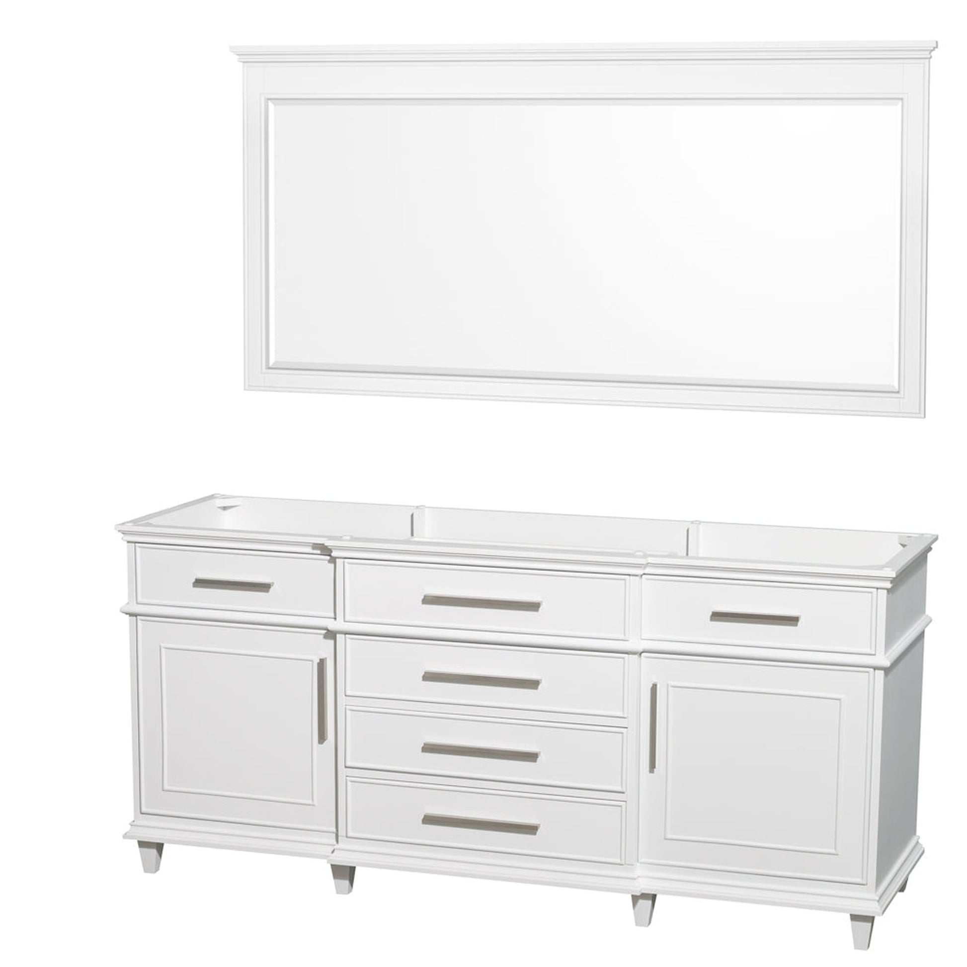 Wyndham Collection Berkeley 72" Double Bathroom Vanity in White, No Countertop, No Sink and 70" Mirror
