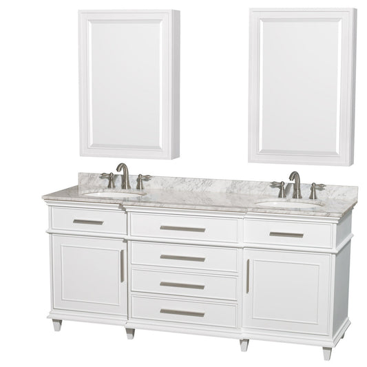 Wyndham Collection Berkeley 72" Double Bathroom Vanity in White, White Carrara Marble Countertop, Undermount Round Sink, 24" Medicine Cabinet