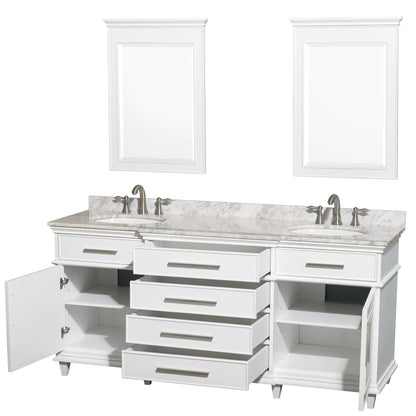 Wyndham Collection Berkeley 72" Double Bathroom Vanity in White, White Carrara Marble Top, White Undermount Oval Sink and 24" Mirror