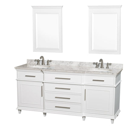 Wyndham Collection Berkeley 72" Double Bathroom Vanity in White, White Carrara Marble Top, White Undermount Oval Sink and 24" Mirror