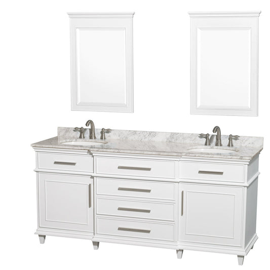 Wyndham Collection Berkeley 72" Double Bathroom Vanity in White, White Carrara Marble Top, White Undermount Oval Sink and 24" Mirror