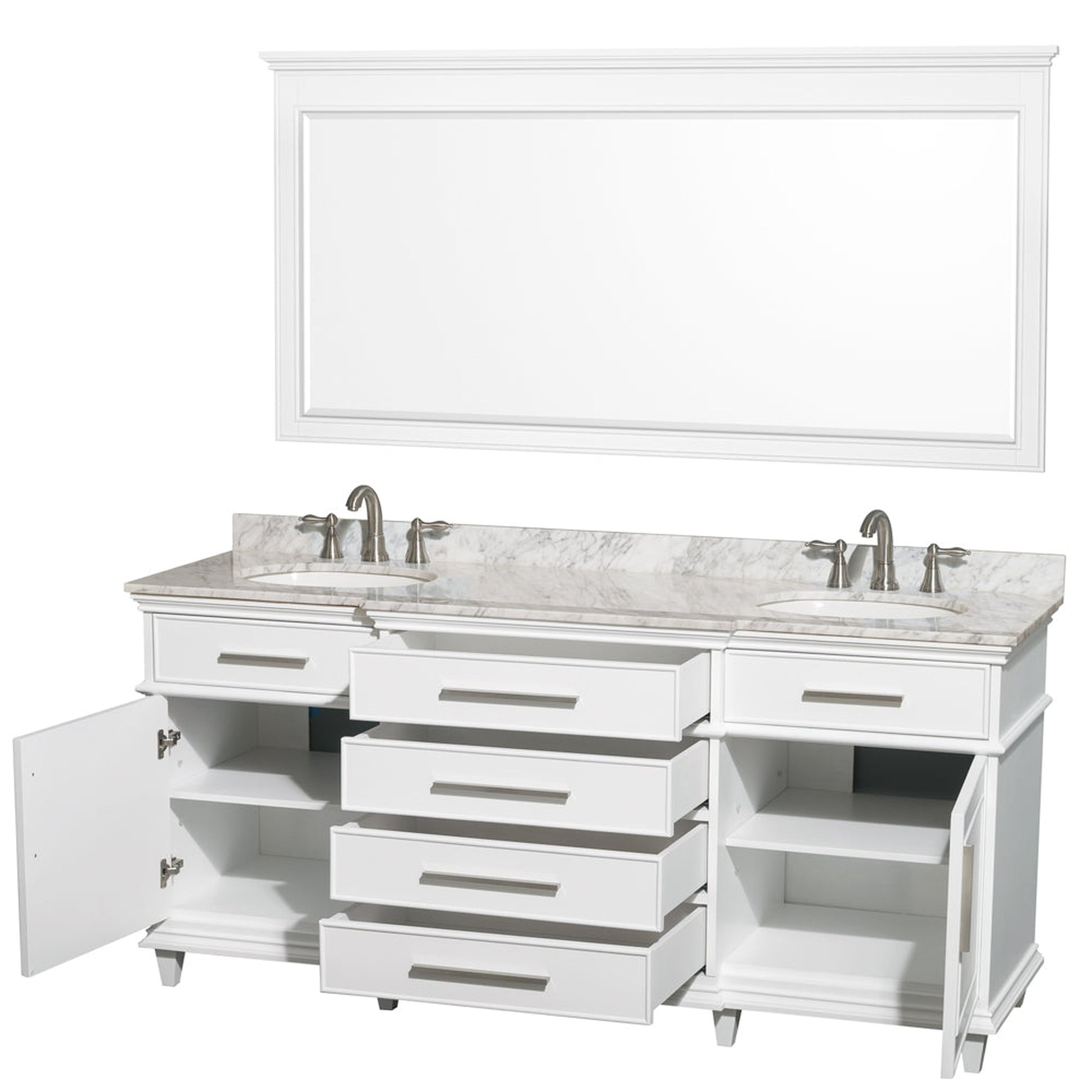 Wyndham Collection Berkeley 72" Double Bathroom Vanity in White, White Carrara Marble Top, White Undermount Oval Sink and 70" Mirror