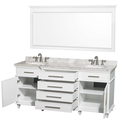 Wyndham Collection Berkeley 72" Double Bathroom Vanity in White, White Carrara Marble Top, White Undermount Oval Sink and 70" Mirror