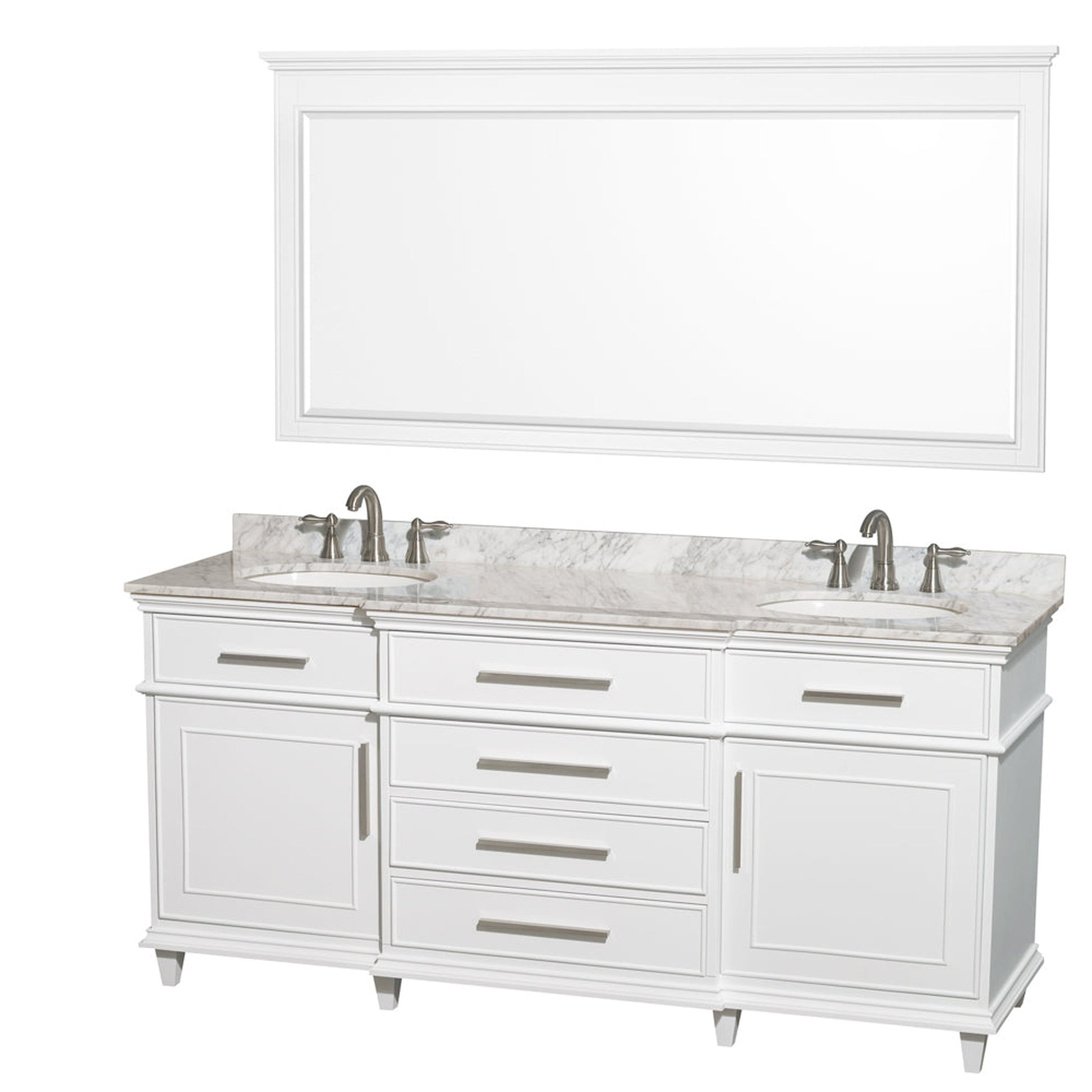 Wyndham Collection Berkeley 72" Double Bathroom Vanity in White, White Carrara Marble Top, White Undermount Oval Sink and 70" Mirror