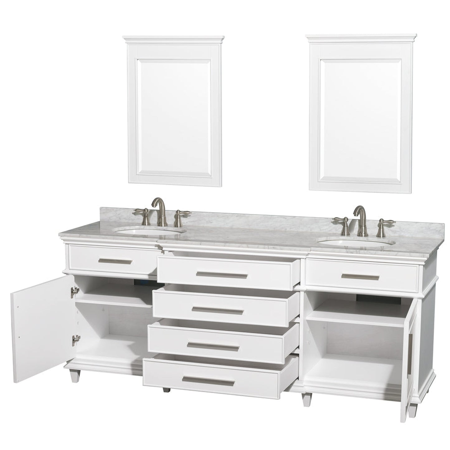 Wyndham Collection Berkeley 80" Double Bathroom Vanity in White, White Carrara Marble Top, White Undermount Oval Sink and 24" Mirror