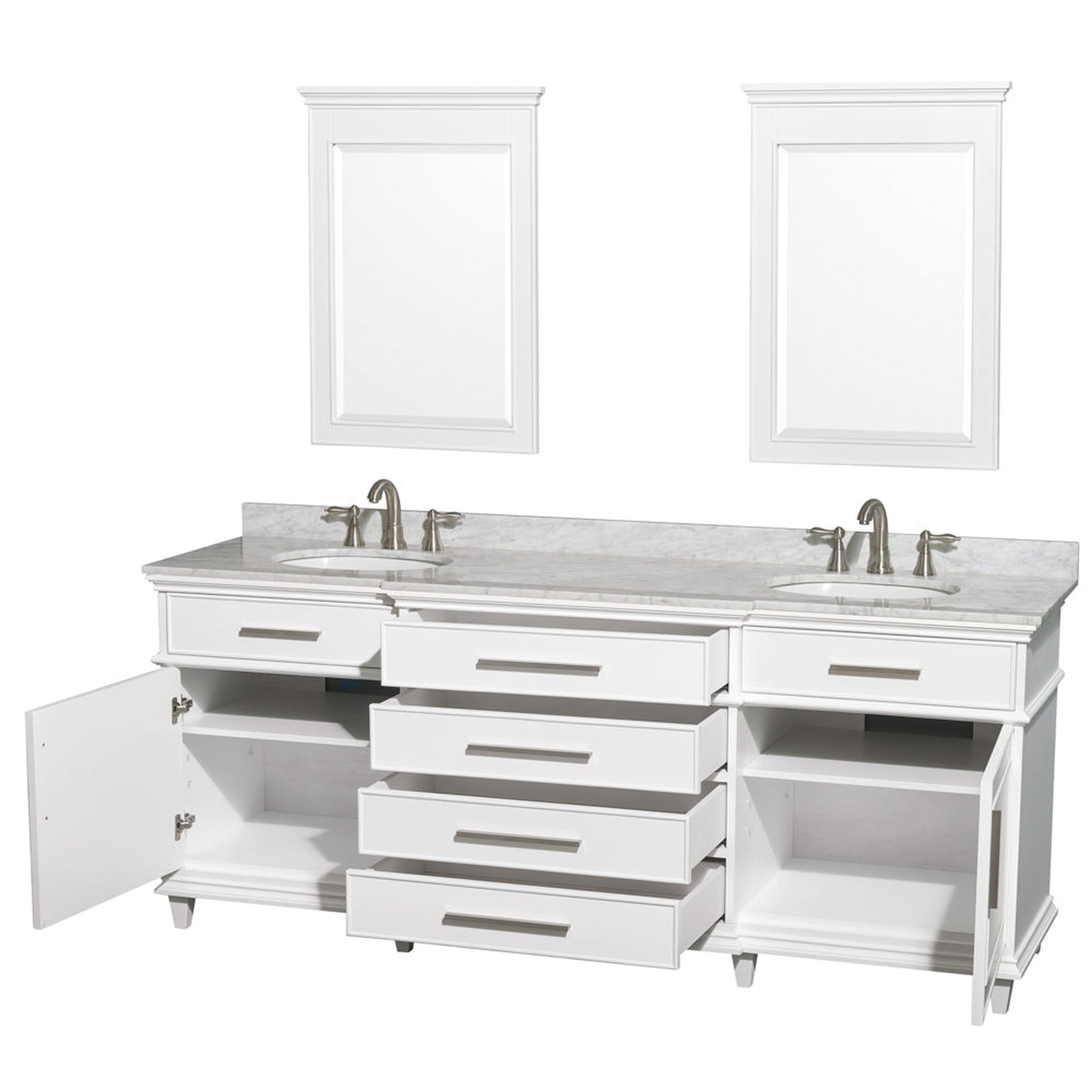 Wyndham Collection Berkeley 80" Double Bathroom Vanity in White, White Carrara Marble Top, White Undermount Oval Sink and 24" Mirror