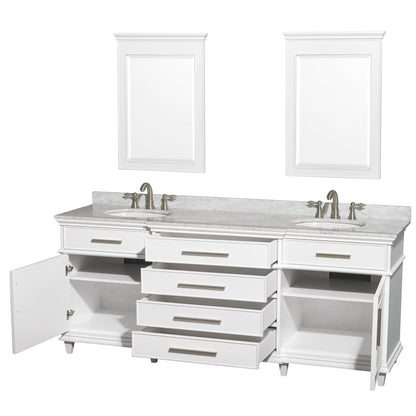 Wyndham Collection Berkeley 80" Double Bathroom Vanity in White, White Carrara Marble Top, White Undermount Oval Sink and 24" Mirror