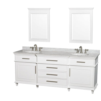 Wyndham Collection Berkeley 80" Double Bathroom Vanity in White, White Carrara Marble Top, White Undermount Oval Sink and 24" Mirror