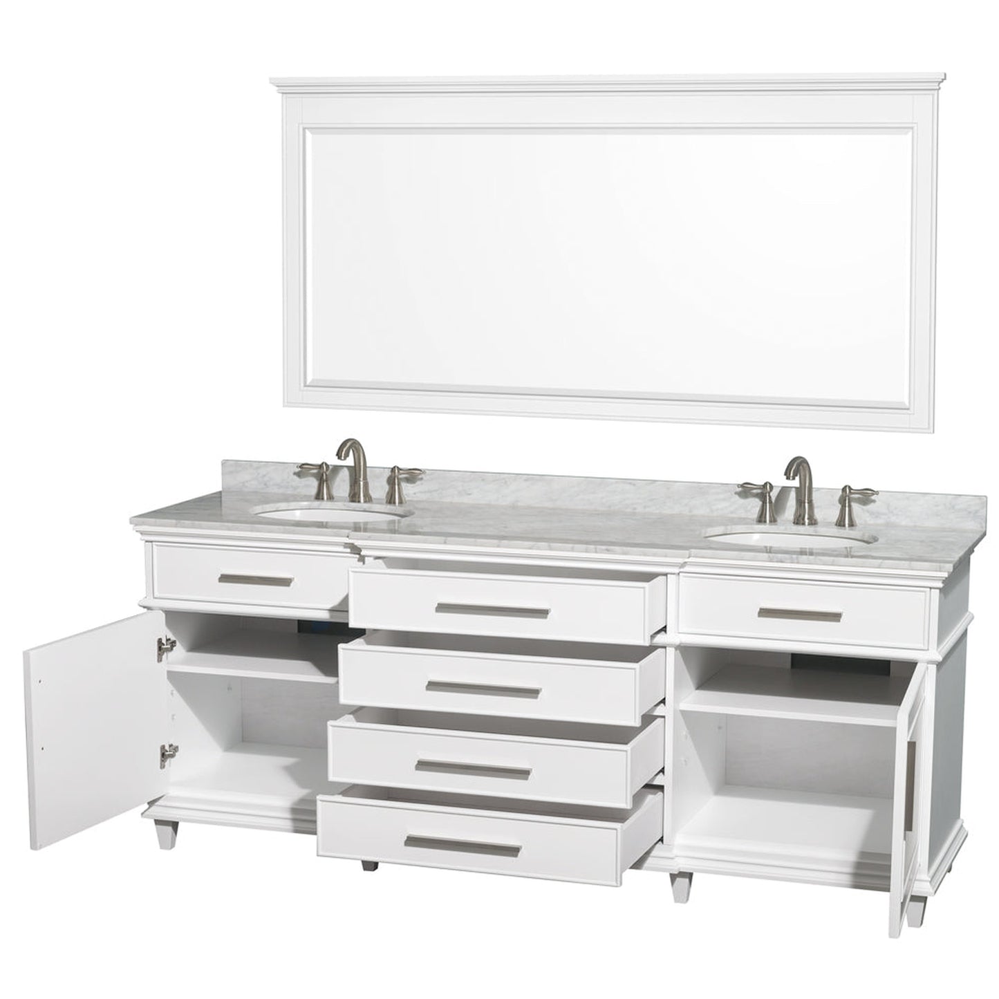 Wyndham Collection Berkeley 80" Double Bathroom Vanity in White, White Carrara Marble Top, White Undermount Oval Sink and 70" Mirror