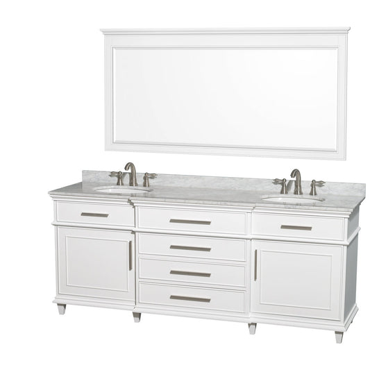 Wyndham Collection Berkeley 80" Double Bathroom Vanity in White, White Carrara Marble Top, White Undermount Oval Sink and 70" Mirror